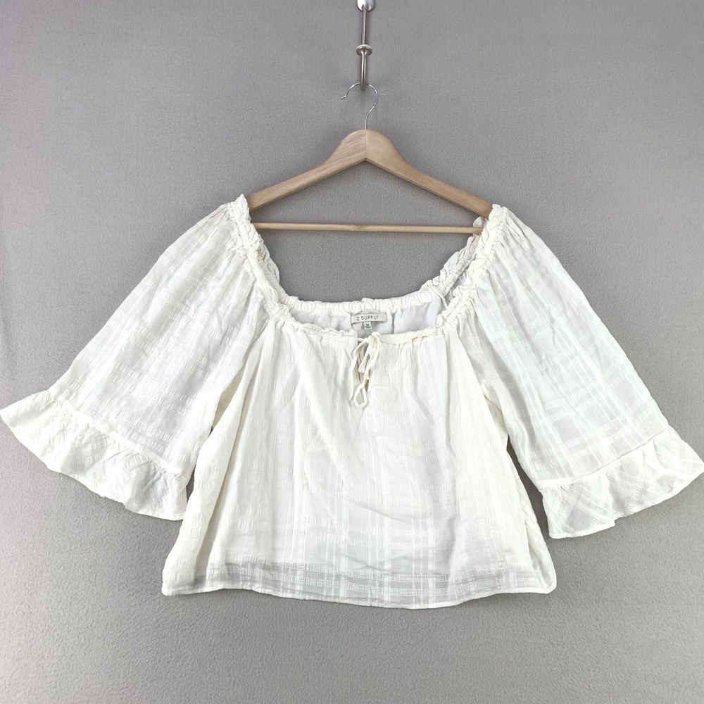 Z Supply Blouse Women Medium White Boho Peasant Ruffle Sleeve Cotton Cottage